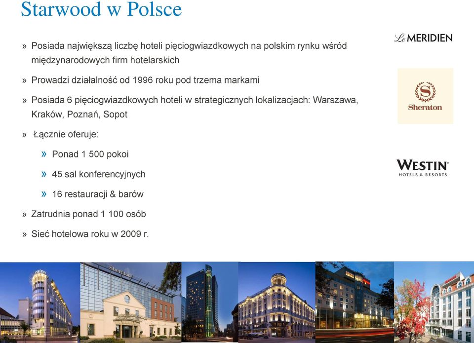pięciogwiazdkowych hoteli w strategicznych lokalizacjach: Warszawa, Kraków, Poznań, Sopot» Łącznie