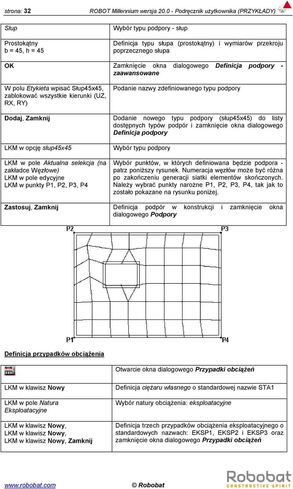 zaawansowane W polu Etykieta wpisać Słup45x45, zablokować wszystkie kierunki (UZ, RX, RY) Dodaj, Zamknij LKM w opcję słup45x45 LKM w pole Aktualna selekcja (na zakładce Węzłowe) LKM w pole edycyjne