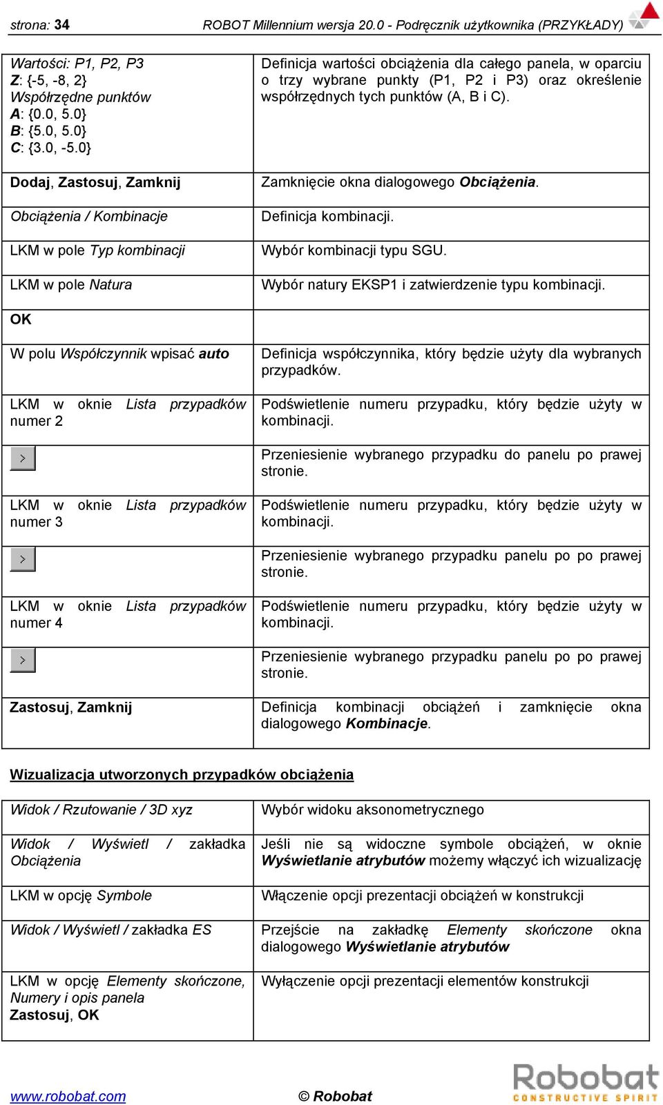 0 - Podręcznik użytkownika (PRZYKŁADY) Definicja wartości obciążenia dla całego panela, w oparciu o trzy wybrane punkty (P1, P2 i P3) oraz określenie współrzędnych tych punktów (A, B i C).