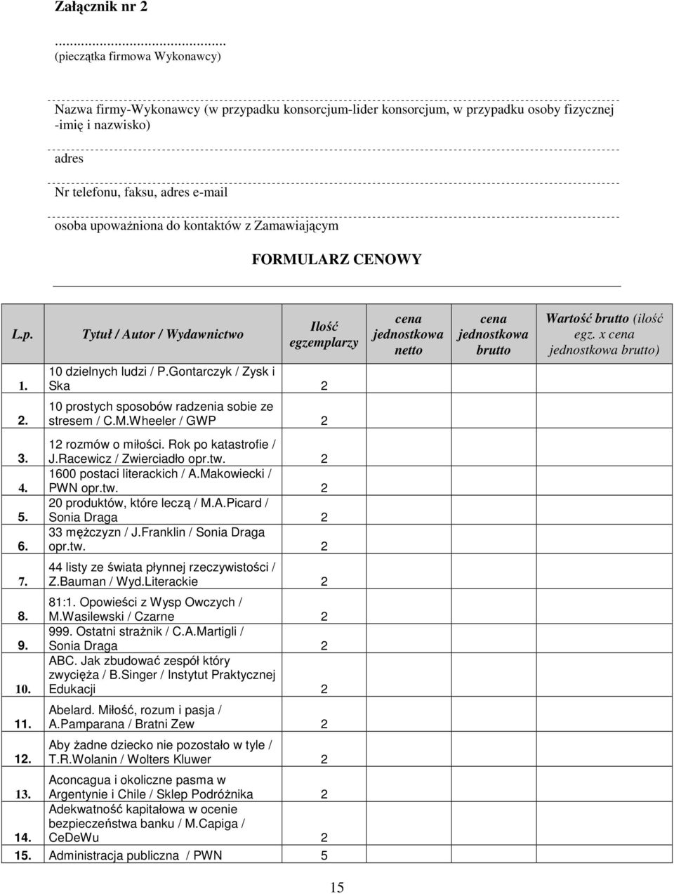 do kontaktów z Zamawiającym FORMULARZ CENOWY L.p. Tytuł / Autor / Wydawnictwo Ilość egzemplarzy cena jednostkowa netto cena jednostkowa brutto Wartość brutto (ilość egz. x cena jednostkowa brutto) 1.