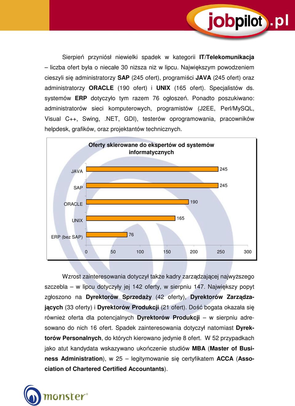 systemów ERP dotyczyło tym razem 76 ogłoszeń. Ponadto poszukiwano: administratorów sieci komputerowych, programistów (J2EE, Perl/MySQL, Visual C++, Swing,.