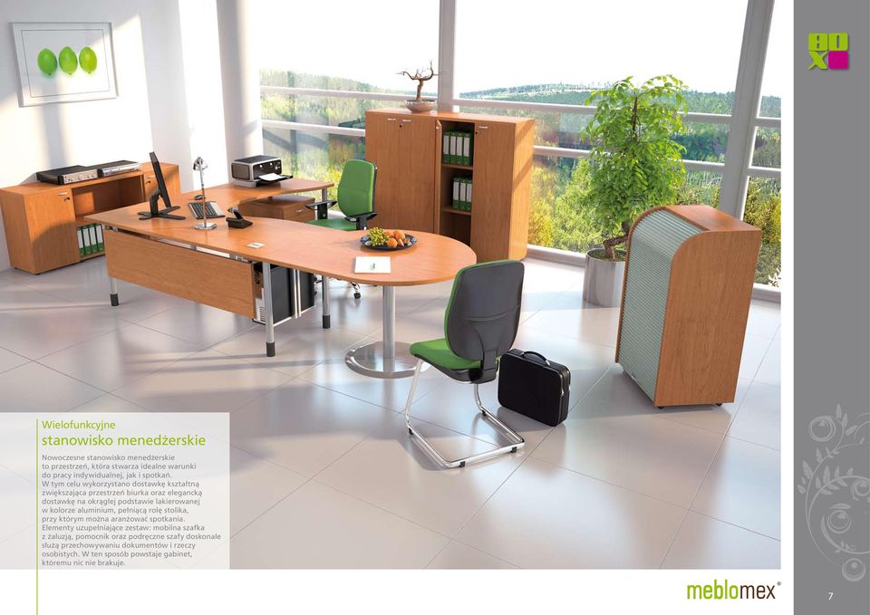 W tym celu wykorzystano dostawkę kształtną zwiększająca przestrzeń biurka oraz elegancką dostawkę na okrągłej podstawie lakierowanej w kolorze