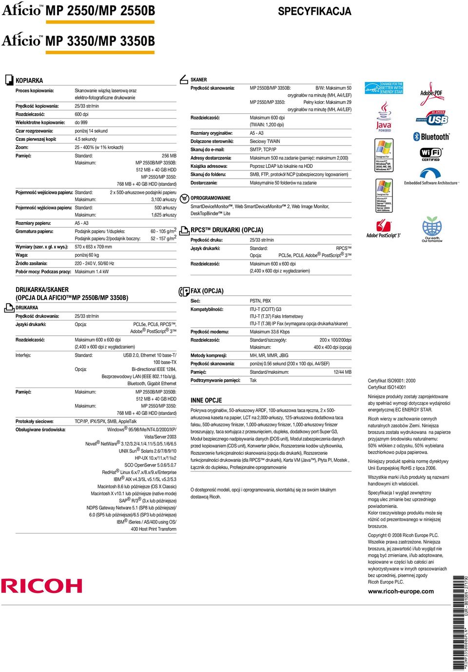 5 sekundy Zoom: 25-400% (w 1% krokach) Pamięć: Standard: 256 MB Maksimum: MP 2550B/MP 3350B: 512 MB + 40 GB HDD MP 2550/MP 3350: 768 MB + 40 GB HDD (standard) Pojemność wejściowa papieru: Standard: 2