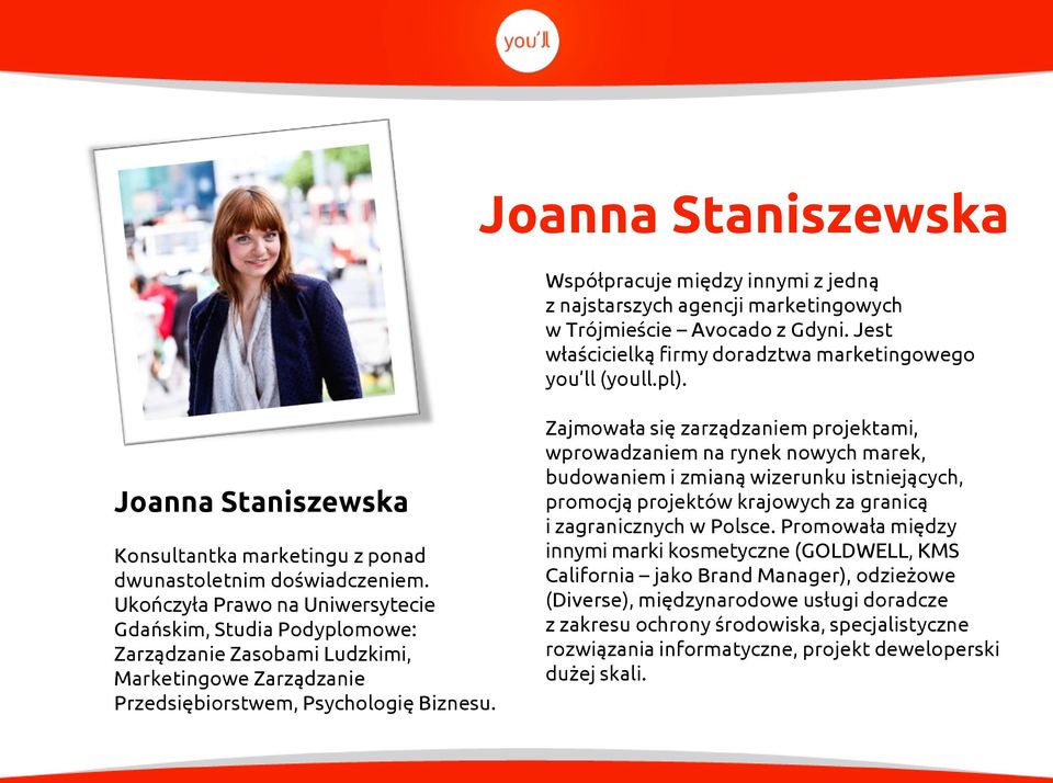 Ukończyła Prawo na Uniwersytecie Gdańskim, Studia Podyplomowe: Zarządzanie Zasobami Ludzkimi, Marketingowe Zarządzanie Przedsiębiorstwem, Psychologię Biznesu.