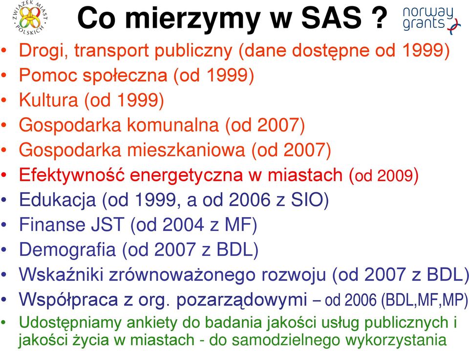 Gospodarka mieszkaniowa (od 2007) Efektywność energetyczna w miastach (od 2009) Edukacja (od 1999, a od 2006 z SIO) Finanse JST (od