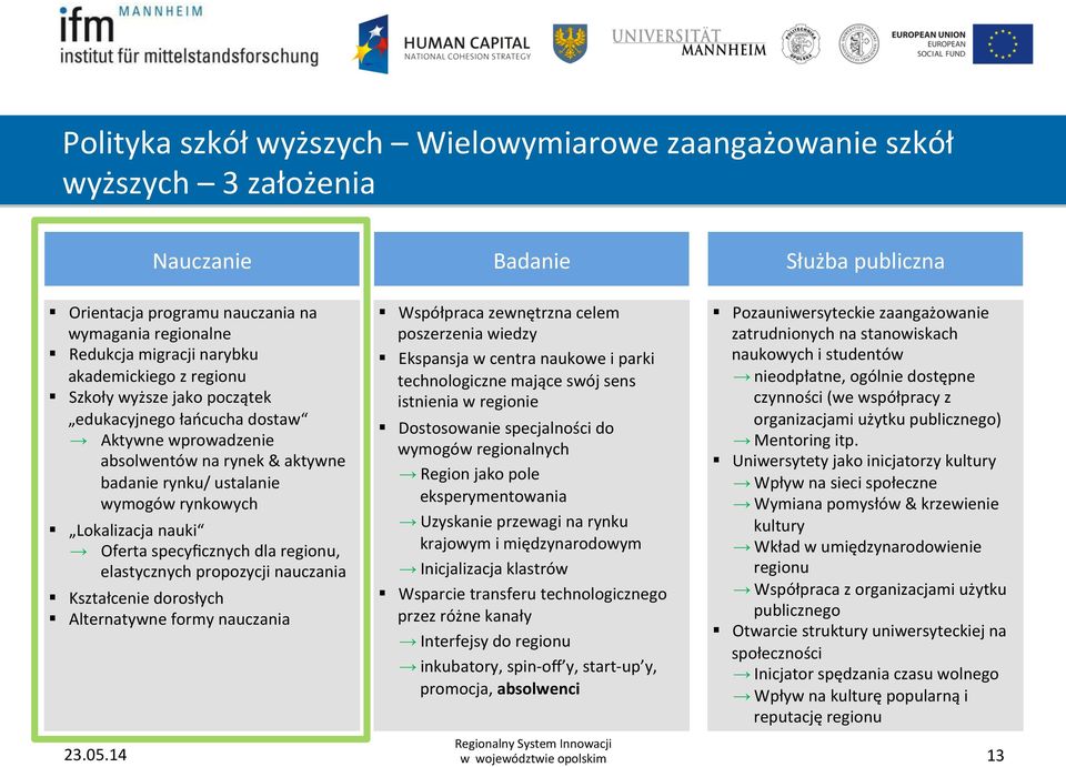 Oferta specyficznych dla regionu, elastycznych propozycji nauczania Kształcenie dorosłych Alternatywne formy nauczania Współpraca zewnętrzna celem poszerzenia wiedzy Ekspansja w centra naukowe i