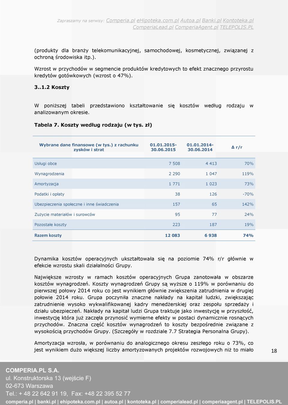 2 Koszty W poniższej tabeli przedstawiono kształtowanie się kosztów według rodzaju w analizowanym okresie. Tabela 7. Koszty według rodzaju (w tys. zł) Wybrane dane finansowe (w tys.