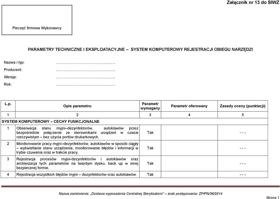 Opis parametru Parametr wymagany Parametr oferowany Zasady oceny (punktacji) 1 2 3 4 5 SYSTEM KOMPUTEROWY CECHY FUNKCJONALNE 1 Obserwacja stanu myjni dezynfektorów, autoklawów przez bezpośrednie