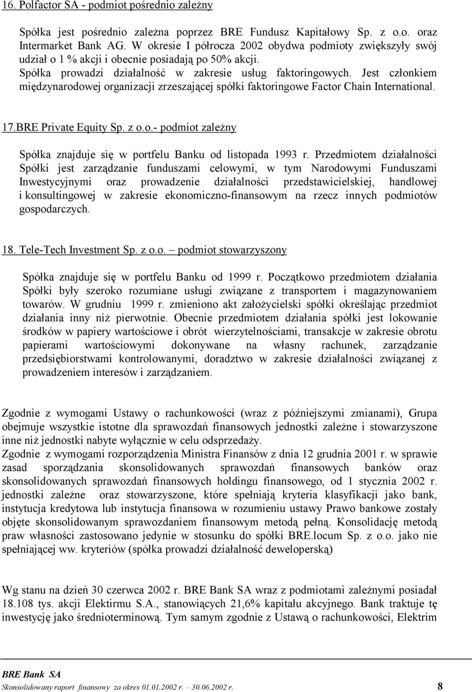 Jest członkiem międzynarodowej organizacji zrzeszającej spółki faktoringowe Factor Chain International. 17.BRE Private Equity Sp. z o.o.- podmiot zależny Spółka znajduje się w portfelu Banku od listopada 1993 r.