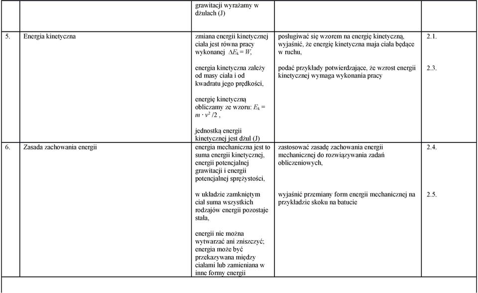 k = m v 2 /2, jednostką energii kinetycznej jest dżul (J) 6.