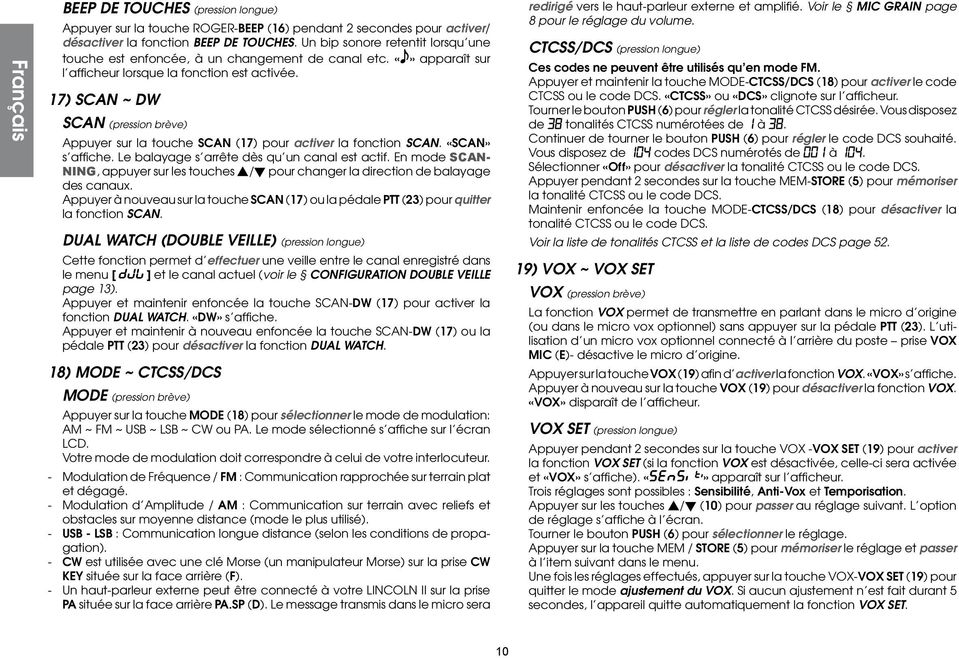 17) SCAN ~ DW SCAN (pression brève) Appuyer sur la touche SCAN (17) pour activer la fonction SCAN. «SCAN» s affiche. Le balayage s arrête dès qu un canal est actif.