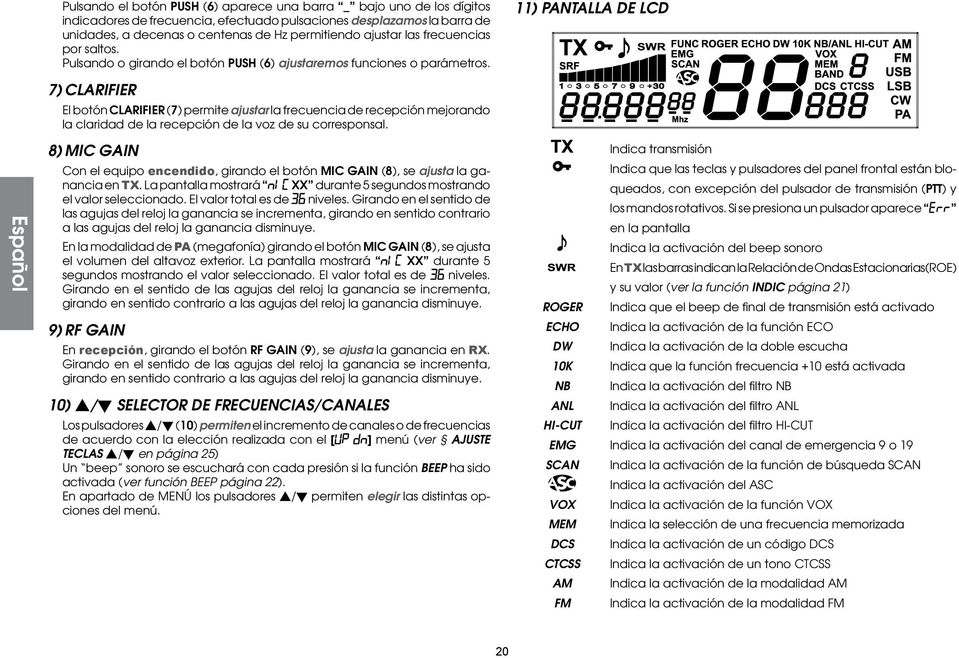 11) PANTALLA DE LCD Español 7) CLARIFIER El botón CLARIFIER (7) permite ajustar la frecuencia de recepción mejorando la claridad de la recepción de la voz de su corresponsal.