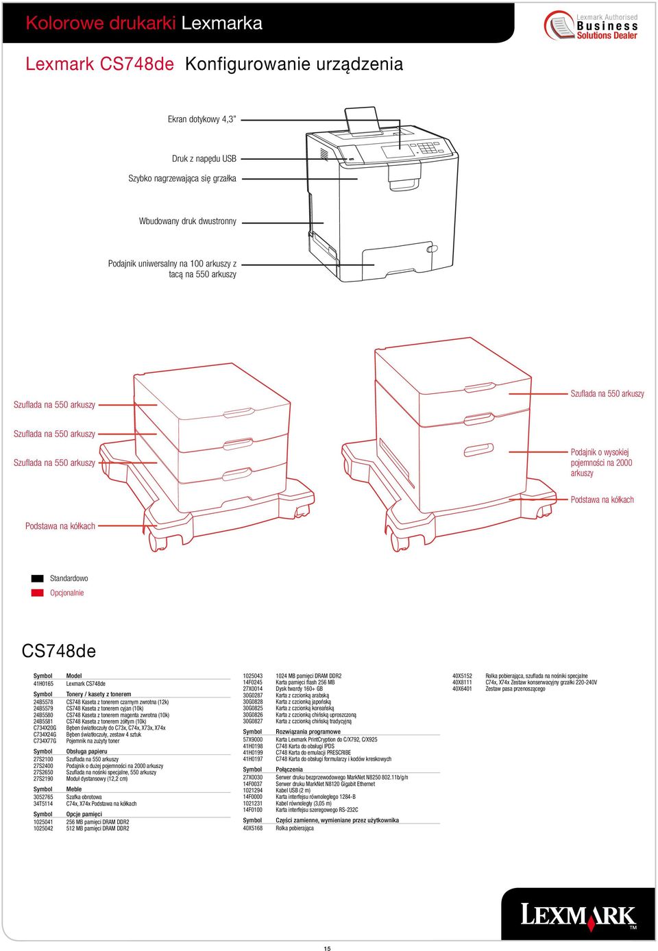 kółkach Standardowo Opcjonalnie CS748de Symbol 41H0165 Model Lexmark CS748de Symbol Tonery / kasety z tonerem 24B5578 CS748 Kaseta z tonerem czarnym zwrotna (12k) 24B5579 CS748 Kaseta z tonerem cyjan