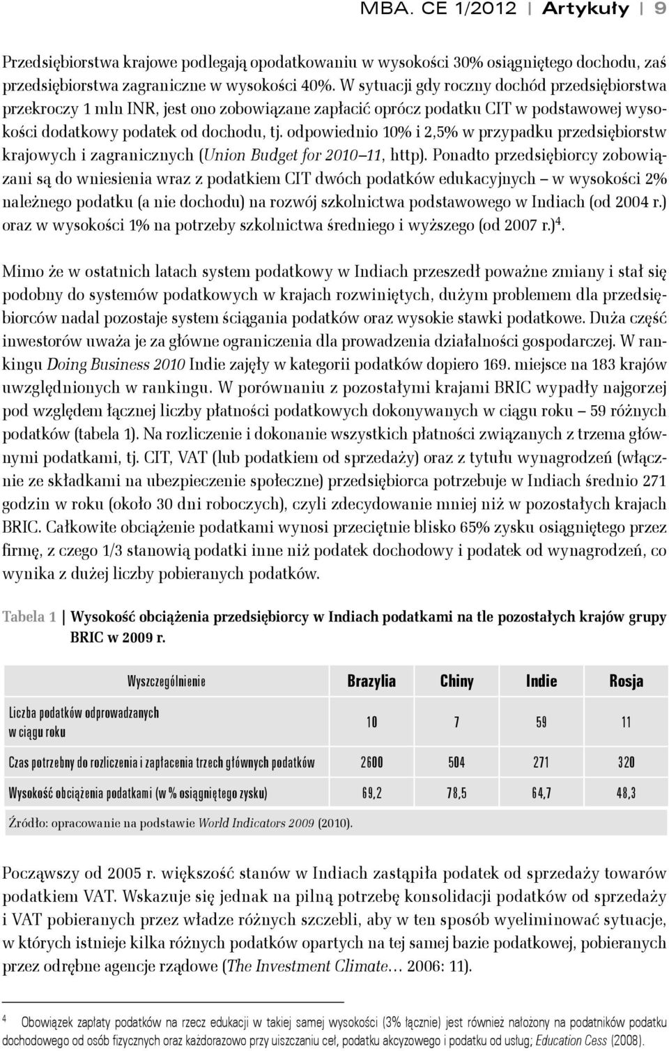 odpowiednio 10% i 2,5% w przypadku przedsiębiorstw krajowych i zagranicznych (Union Budget for 2010 11, http).