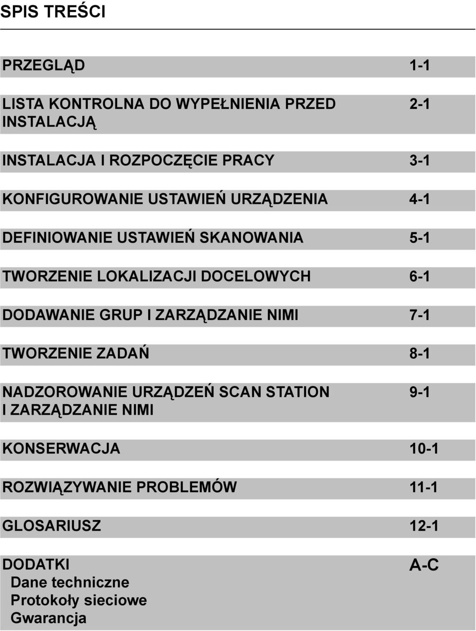 DODAWANIE GRUP I ZARZĄDZANIE NIMI 7-1 TWORZENIE ZADAŃ 8-1 NADZOROWANIE URZĄDZEŃ SCAN STATION IZARZĄDZANIE NIMI 9-1