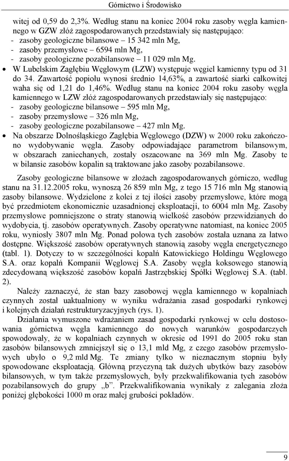 zasoby geologiczne pozabilansowe 11 029 mln Mg. W Lubelskim Zagłębiu Węglowym (LZW) występuje węgiel kamienny typu od 31 do 34.