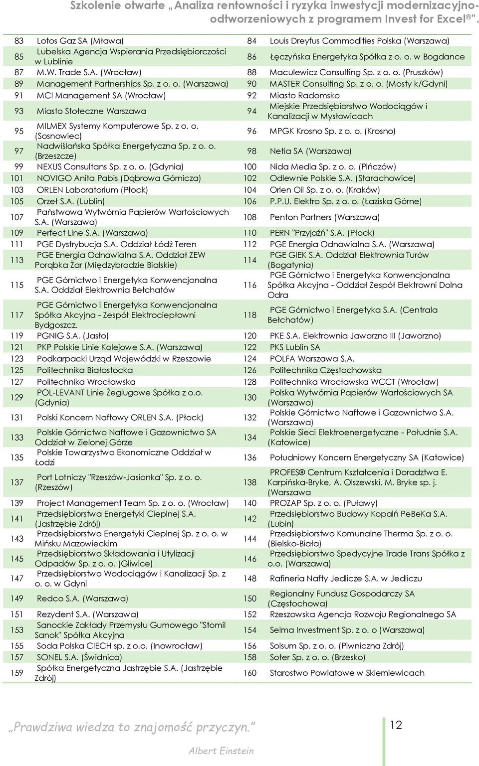 Miejskie Przedsiębiorstwo Wodociągów i Kanalizacji w Mysłowicach 95 MILMEX Systemy Komputerowe Sp. z o. o. (Sosnowiec) 96 MPGK Krosno Sp. z o. o. (Krosno) 97 Nadwiślańska Spółka Energetyczna Sp. z o. o. (Brzeszcze) 98 Netia SA (Warszawa) 99 NEXUS Consultans Sp.
