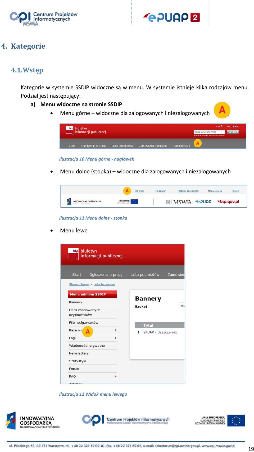 Podział jest następujący: a) Menu widoczne na stronie SSDIP Menu górne widoczne dla zalogowanych i