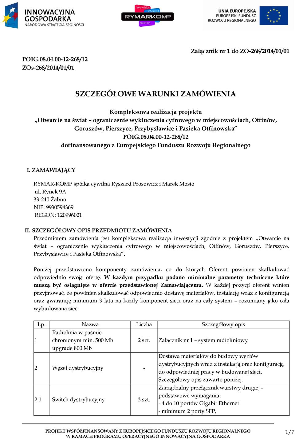 miejscowościach, Otfinów, Goruszów, Pierszyce, Przybysławice i Pasieka Otfinowska 00-12-268/12 dofinansowanego z Europejskiego Funduszu Rozwoju Regionalnego I.