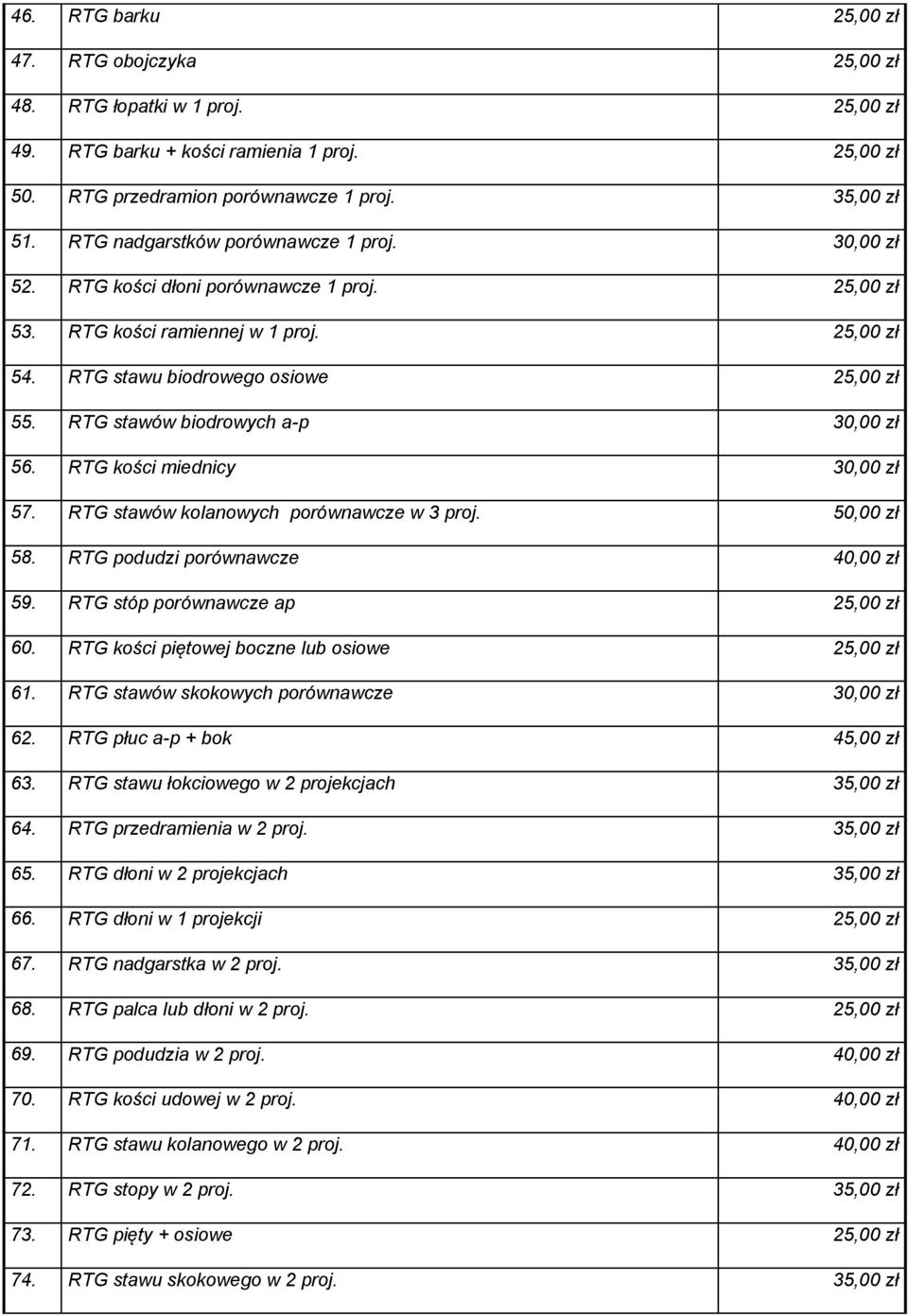 RTG stawów biodrowych a-p 30,00 zł 56. RTG kości miednicy 30,00 zł 57. RTG stawów kolanowych porównawcze w 3 proj. 50,00 zł 58. RTG podudzi porównawcze 40,00 zł 59.