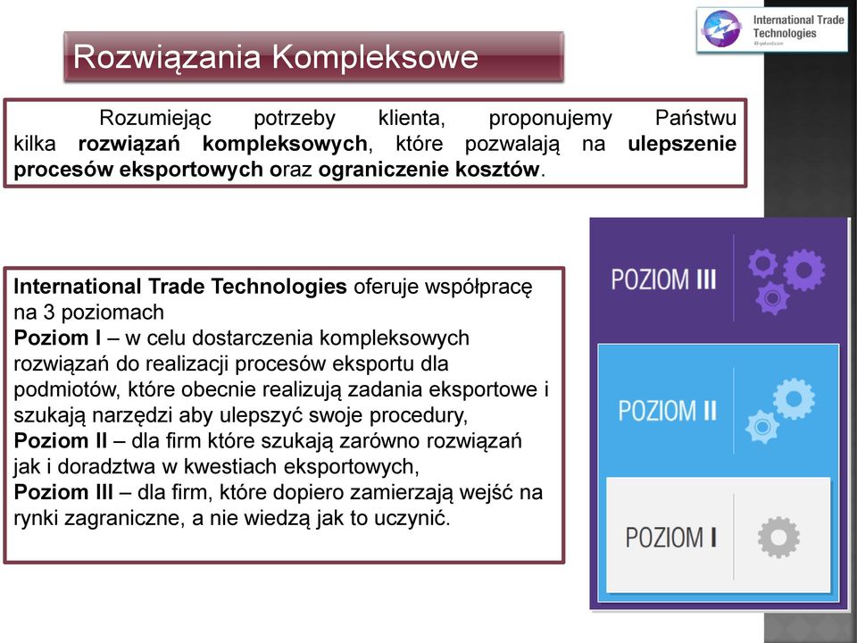 International Trade Technologies oferuje współpracę na 3 poziomach Poziom I w celu dostarczenia kompleksowych rozwiązań do realizacji procesów eksportu dla