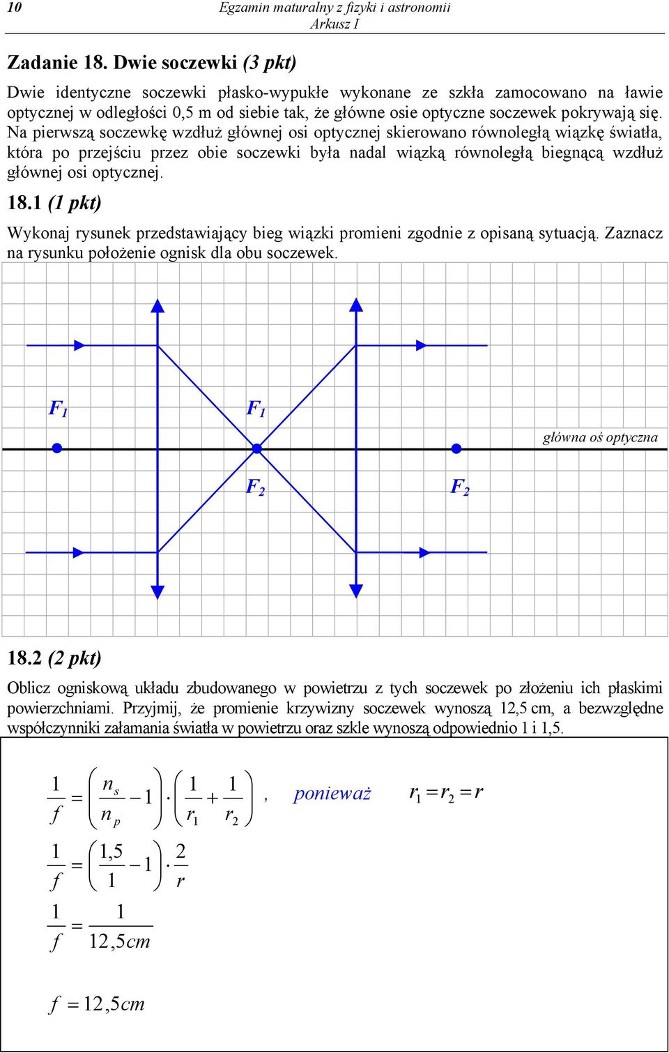 Na pierwzą oczewkę wzdłuż głównej oi optycznej kierowano równoległą wiązkę światła, która po przejściu przez obie oczewki była nadal wiązką równoległą biegnącą wzdłuż głównej oi optycznej. 8.