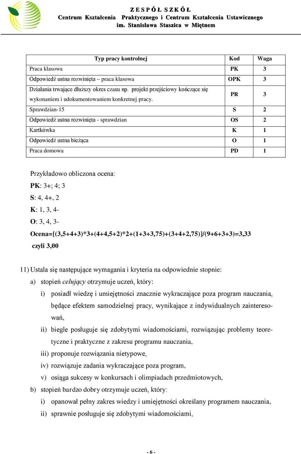 PR 3 Sprawdzian-15 S 2 Odpowiedź ustna rozwinięta - sprawdzian OS 2 Kartkówka K 1 Odpowiedź ustna bieżąca O 1 Praca domowa PD 1 Przykładowo obliczona ocena: PK: 3+; 4; 3 S: 4, 4+, 2 K: 1, 3, 4- O: 3,