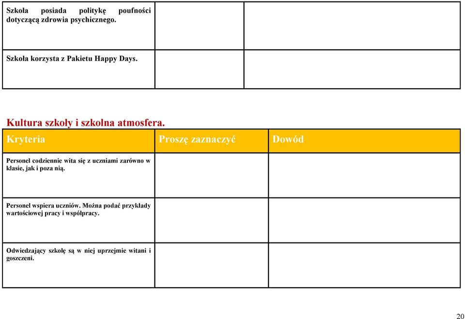 Kryteria Proszę zaznaczyć Dowód Personel codziennie wita się z uczniami zarówno w klasie, jak i