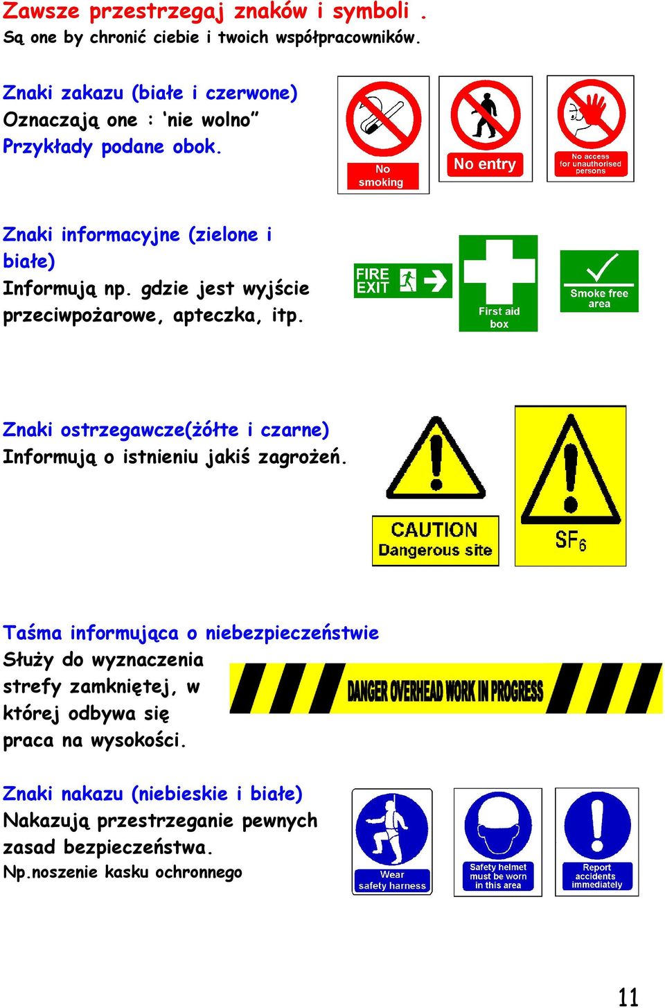 gdzie jest wyjście przeciwpożarowe, apteczka, itp. Znaki ostrzegawcze(żółte i czarne) Informują o istnieniu jakiś zagrożeń.