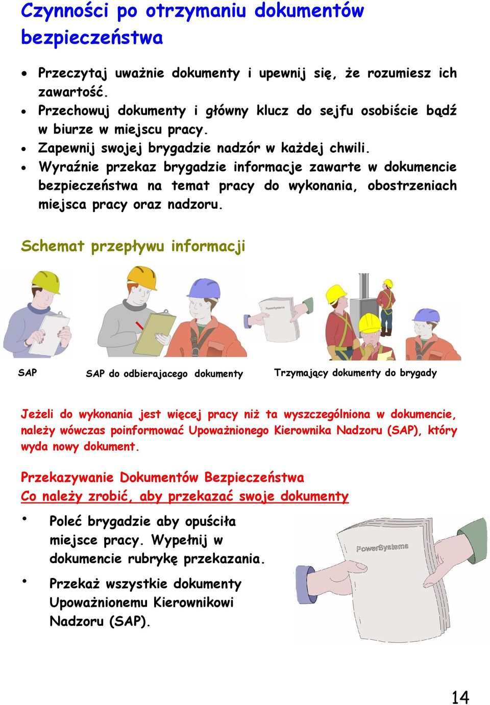 Wyraźnie przekaz brygadzie informacje zawarte w dokumencie bezpieczeństwa na temat pracy do wykonania, obostrzeniach miejsca pracy oraz nadzoru.