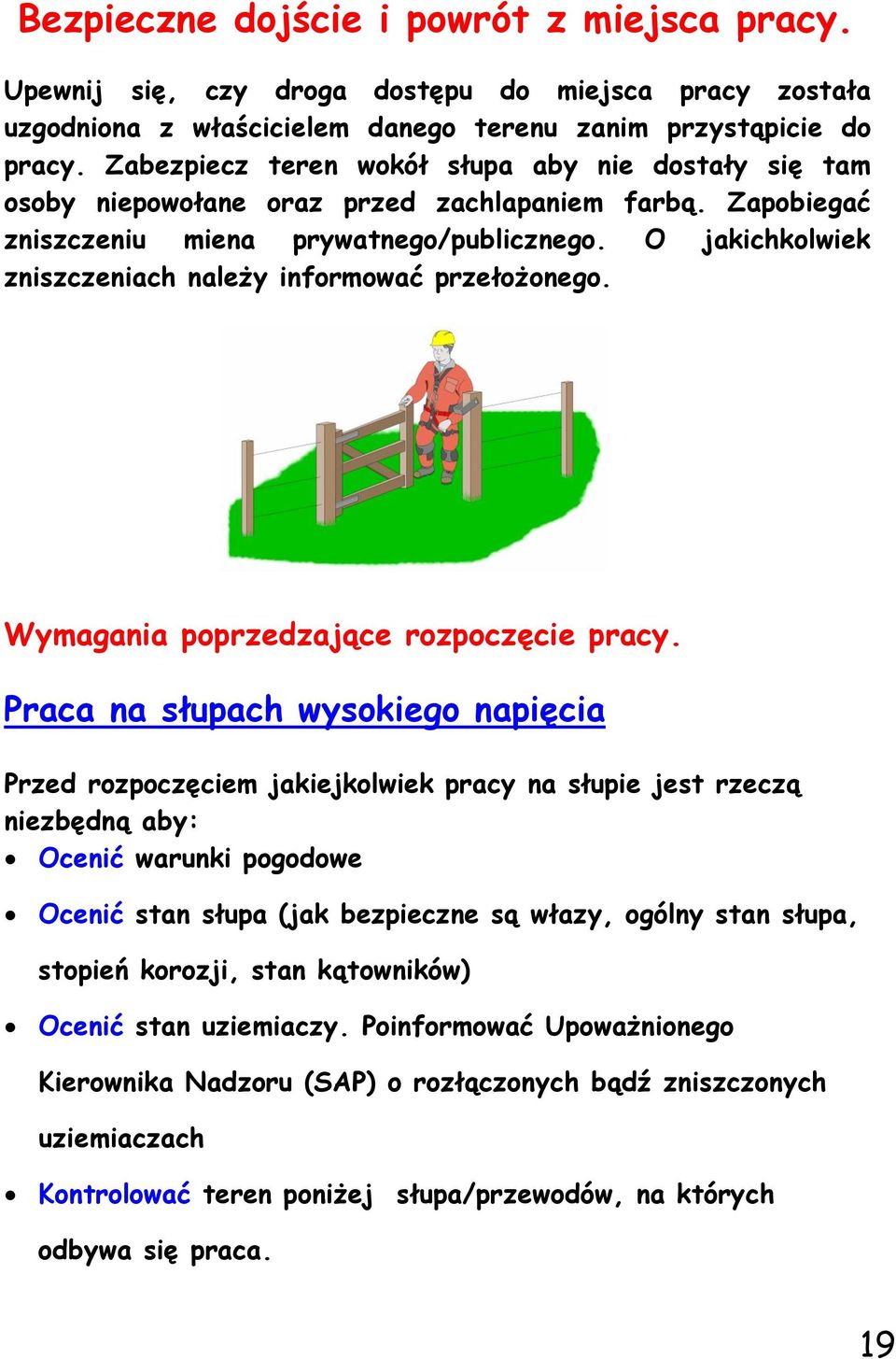 O jakichkolwiek zniszczeniach należy informować przełożonego. Wymagania poprzedzające rozpoczęcie pracy.