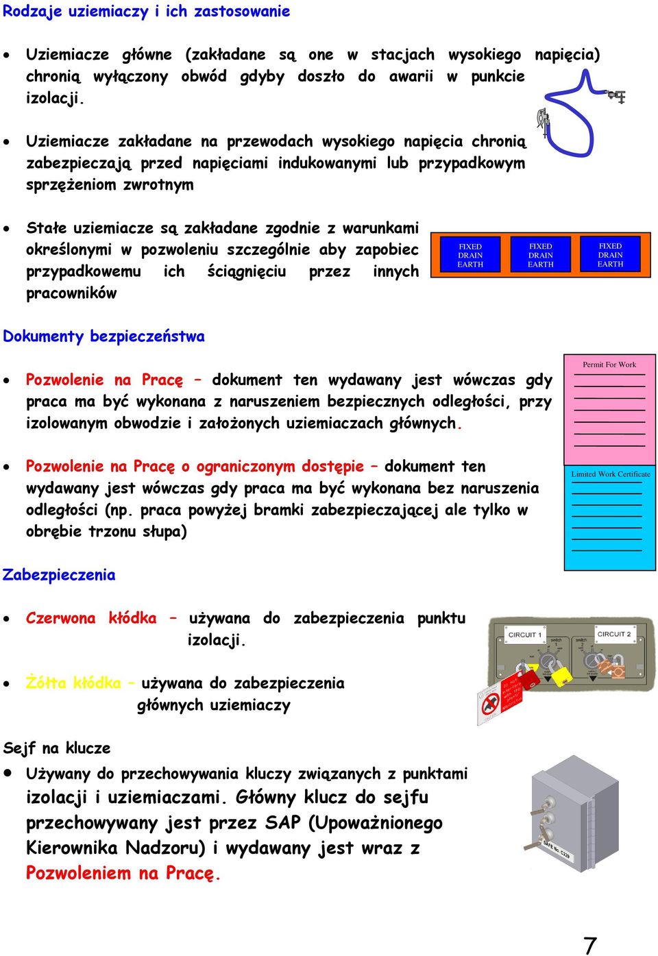 określonymi w pozwoleniu szczególnie aby zapobiec przypadkowemu ich ściągnięciu przez innych pracowników FIXED DRAIN EARTH FIXED DRAIN EARTH FIXED DRAIN EARTH Dokumenty bezpieczeństwa Pozwolenie na