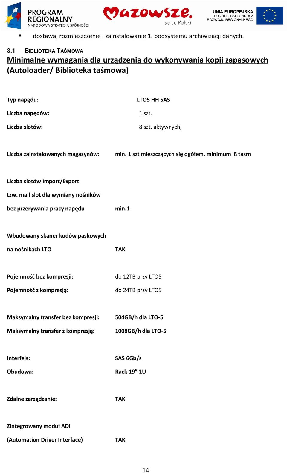 aktywnych, Liczba zainstalowanych magazynów: min. 1 szt mieszczących się ogółem, minimum 8 tasm Liczba slotów Import/Export tzw. mail slot dla wymiany nośników bez przerywania pracy napędu min.