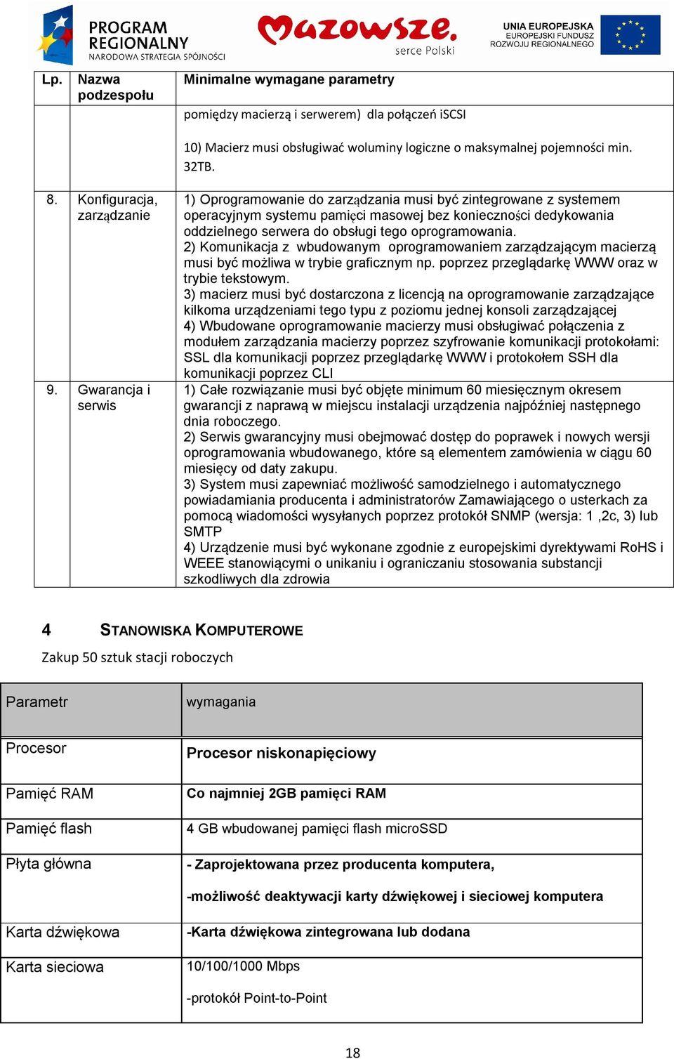 Gwarancja i serwis 1) Oprogramowanie do zarządzania musi być zintegrowane z systemem operacyjnym systemu pamięci masowej bez konieczności dedykowania oddzielnego serwera do obsługi tego