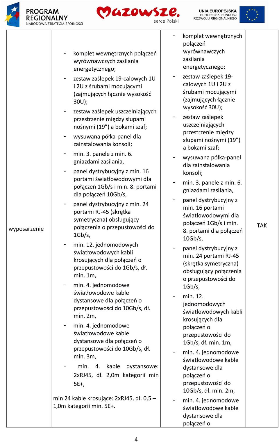 gniazdami zasilania, - panel dystrybucyjny z min. 16 portami światłowodowymi dla połączeń 1Gb/s i min. 8. portami dla połączeń 10Gb/s, - panel dystrybucyjny z min.