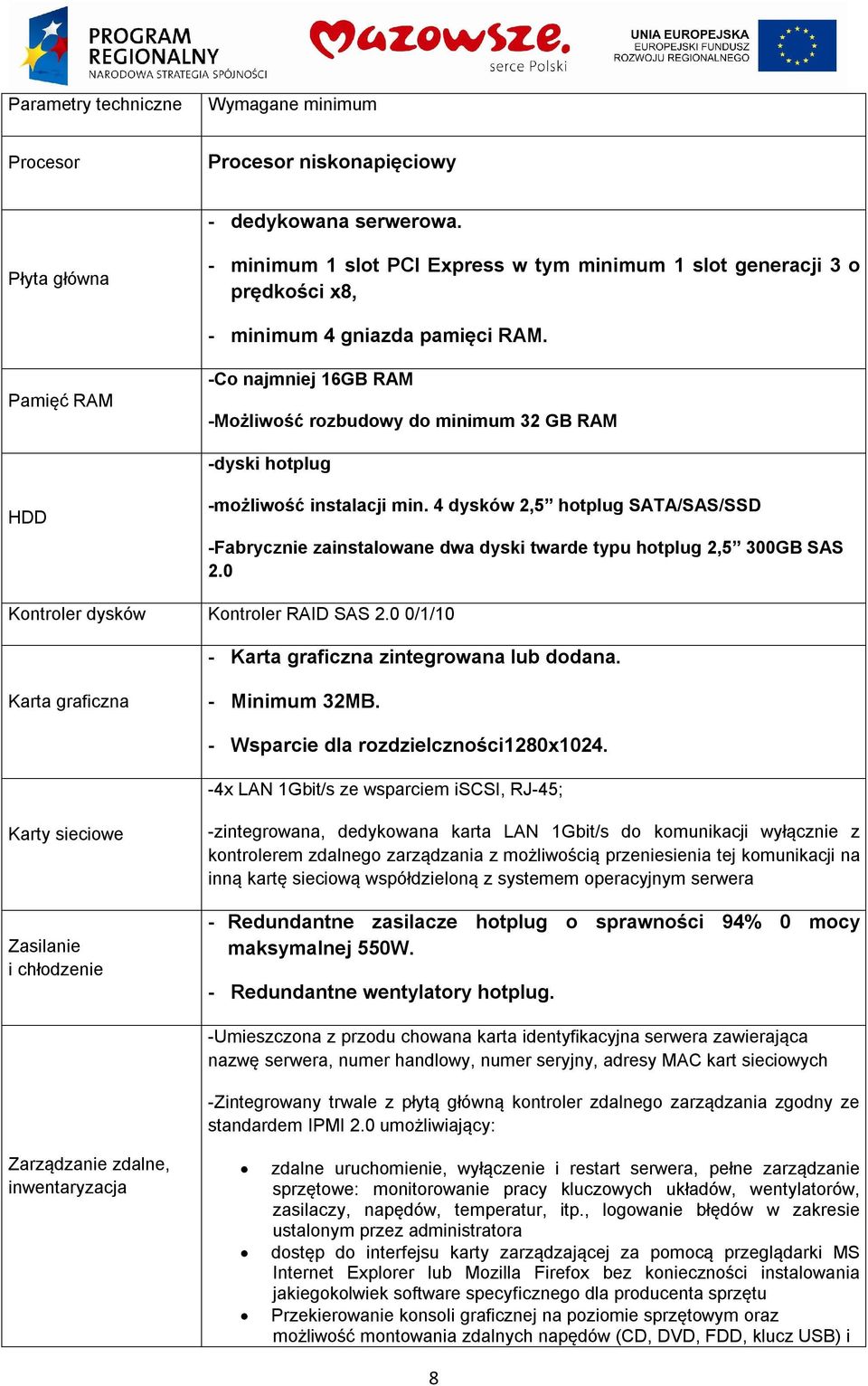 Pamięć RAM -Co najmniej 16GB RAM -Możliwość rozbudowy do minimum 32 GB RAM -dyski hotplug HDD -możliwość instalacji min.