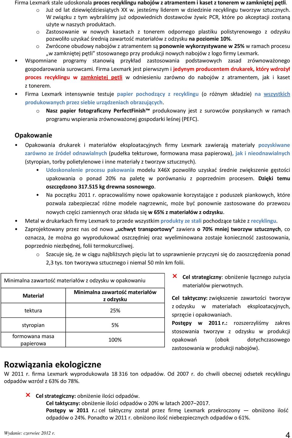 Zastswanie w nwych kasetach z tnerem dprneg plastiku plistyrenweg z dzysku pzwlił uzyskać średnią zawartść materiałów z dzysku na pzimie 10%.