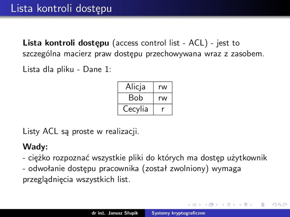 Lista dla pliku - Dane 1: Alicja Bob Cecylia rw rw r Listy ACL są proste w realizacji.