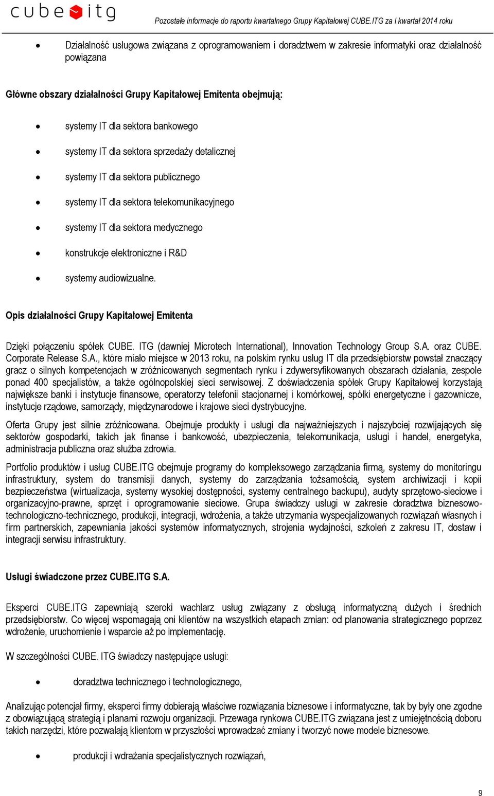 systemy audiowizualne. Opis działalności Grupy Kapitałowej Emitenta Dzięki połączeniu spółek CUBE. ITG (dawniej Microtech International), Innovation Technology Group S.A. oraz CUBE.