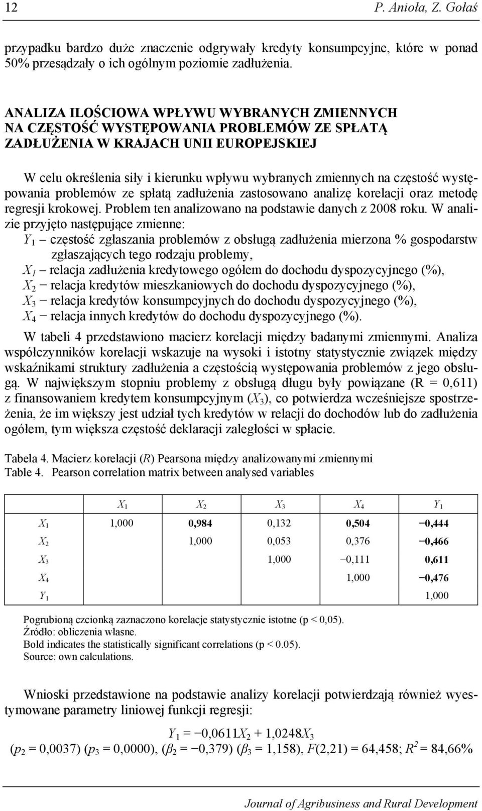 częstość występowania problemów ze spłatą zadłużenia zastosowano analizę korelacji oraz metodę regresji krokowej. Problem ten analizowano na podstawie danych z 2008 roku.