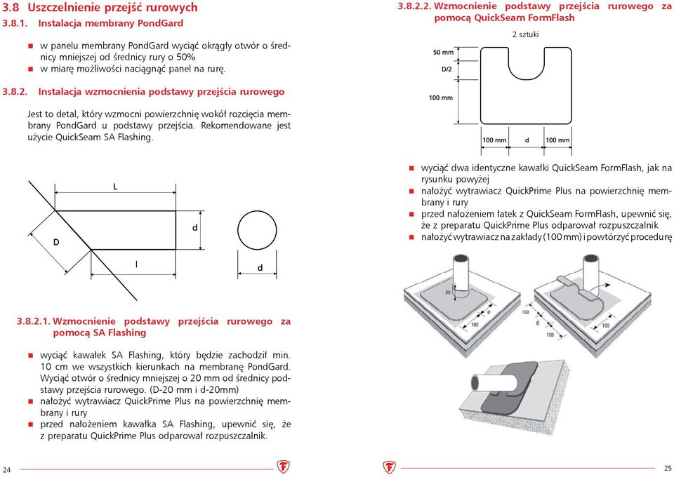 2. Wzmocnienie podstawy przejścia rurowego za pomocą QuickSeam FormFlash 2 sztuki 3.8.2. Instalacja wzmocnienia podstawy przejścia rurowego Jest to detal, który wzmocni powierzchnię wokół rozcięcia membrany PondGard u podstawy przejścia.