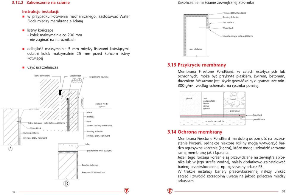 powłoka Zakończenie na ścianie zewnętrznej zbiornika mur lub beton Firestone EPDM PondGard Bonding Adhesive Uszczelniacz Water Block listwa kończąca, kołki co 200 mm 3.