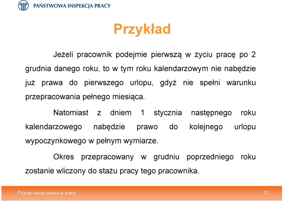 Natomiast z dniem 1 stycznia następnego roku kalendarzowego nabędzie prawo do kolejnego urlopu wypoczynkowego w