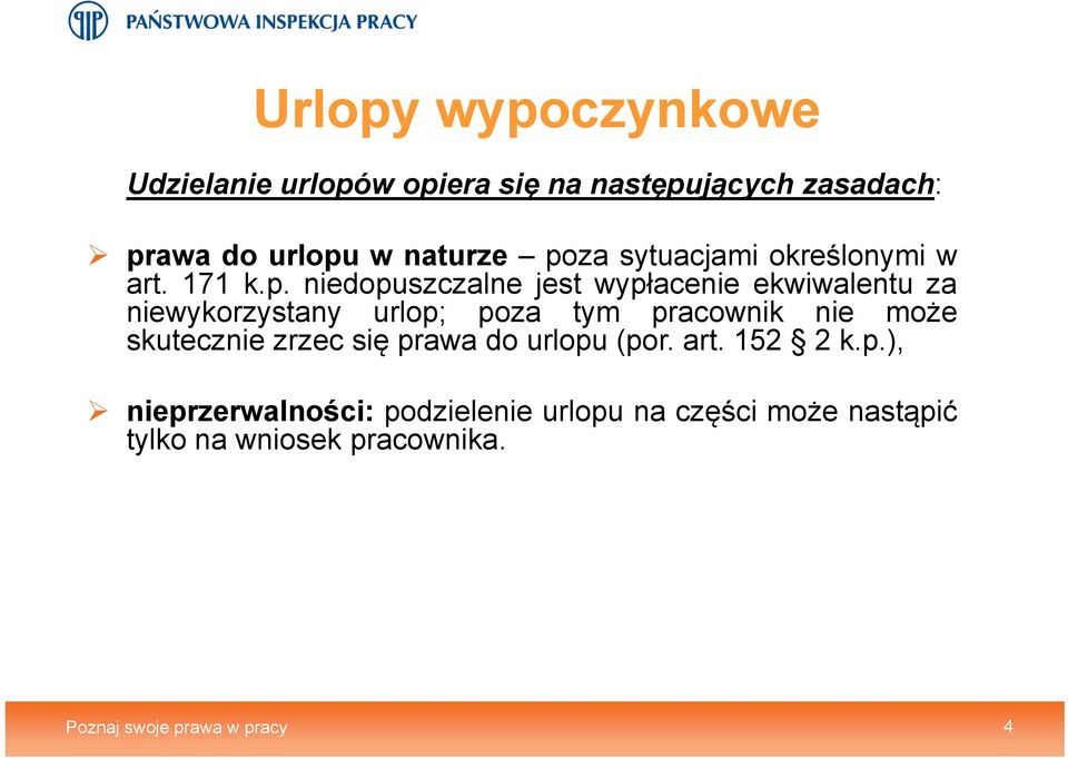 niewykorzystany urlop; poza tym pracownik nie może skutecznie zrzec się prawa do urlopu (por. art.