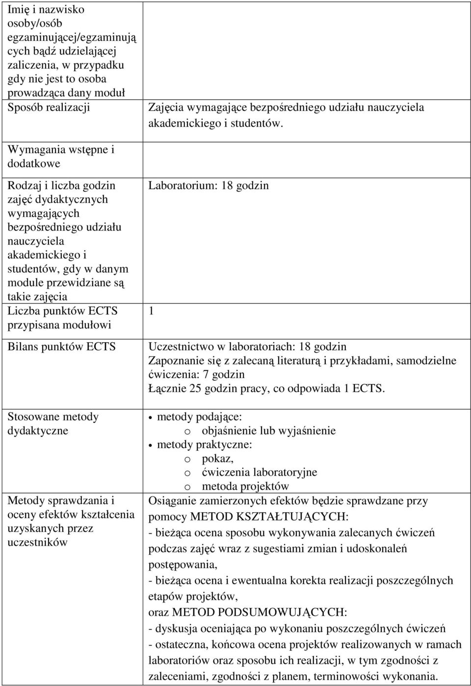 Wymagania wstępne i dodatkowe Rodzaj i liczba godzin zajęć dydaktycznych wymagających bezpośredniego udziału nauczyciela akademickiego i studentów, gdy w danym module przewidziane są takie zajęcia