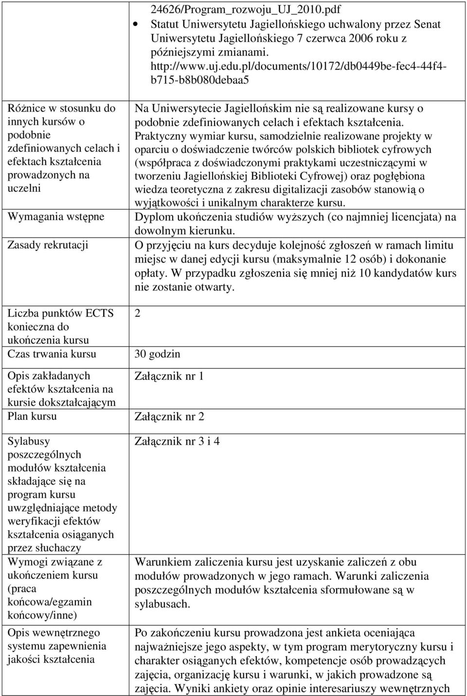 rekrutacji Na Uniwersytecie Jagiellońskim nie są realizowane kursy o podobnie zdefiniowanych celach i efektach kształcenia.