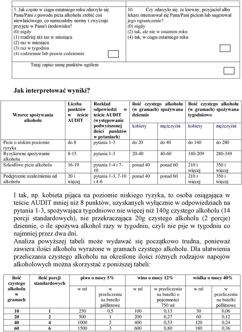 (2) tak, ale nie w ostatnim roku (4) tak, w ciągu ostatniego roku Tutaj zapisz sumę punktów ogółem Jak interpretować wyniki?