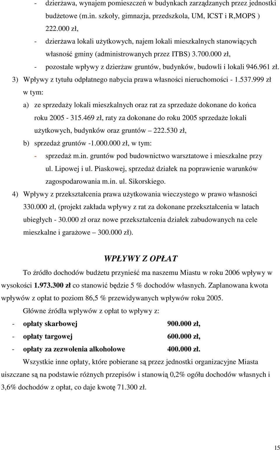 000 zł, - pozostałe wpływy z dzierżaw gruntów, budynków, budowli i lokali 946.961 zł. 3) Wpływy z tytułu odpłatnego nabycia prawa własności nieruchomości - 1.537.