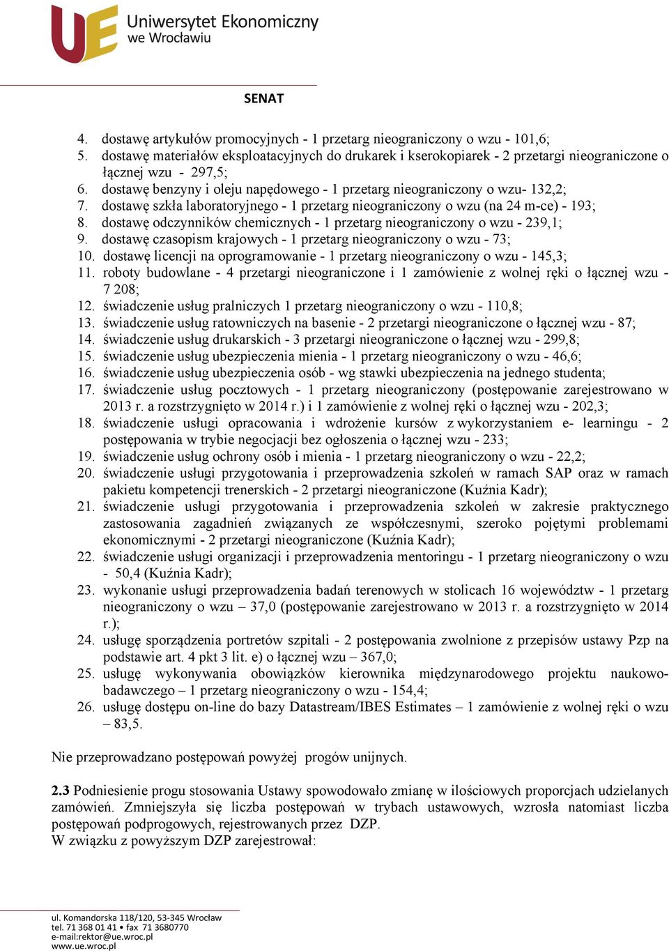 dostawę odczynników chemicznych - 1 przetarg nieograniczony o wzu - 239,1; 9. dostawę czasopism krajowych - 1 przetarg nieograniczony o wzu - 73; 10.