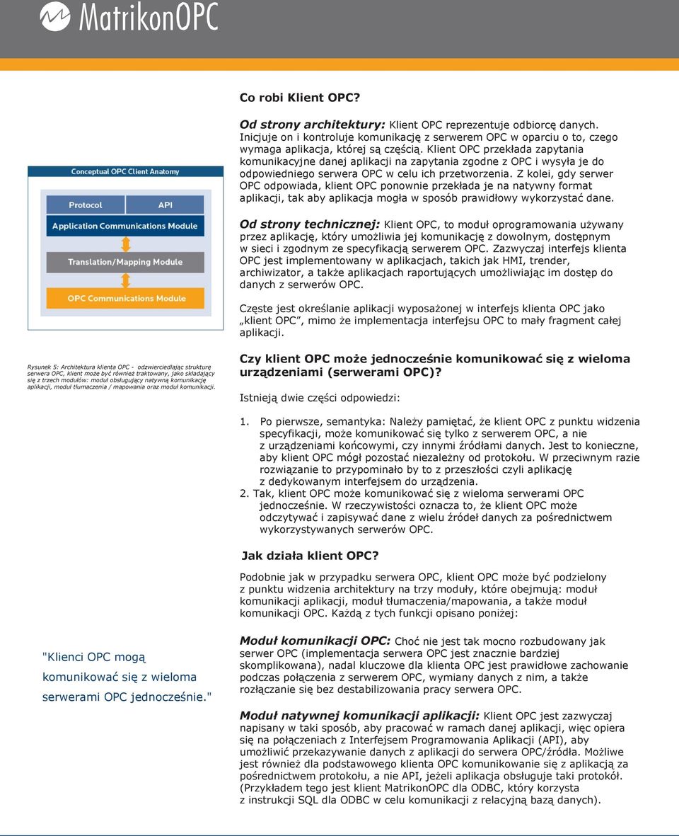 Z kolei, gdy serwer OPC odpowiada, klient OPC ponownie przekłada je na natywny format aplikacji, tak aby aplikacja mogła w sposób prawidłowy wykorzystać dane.